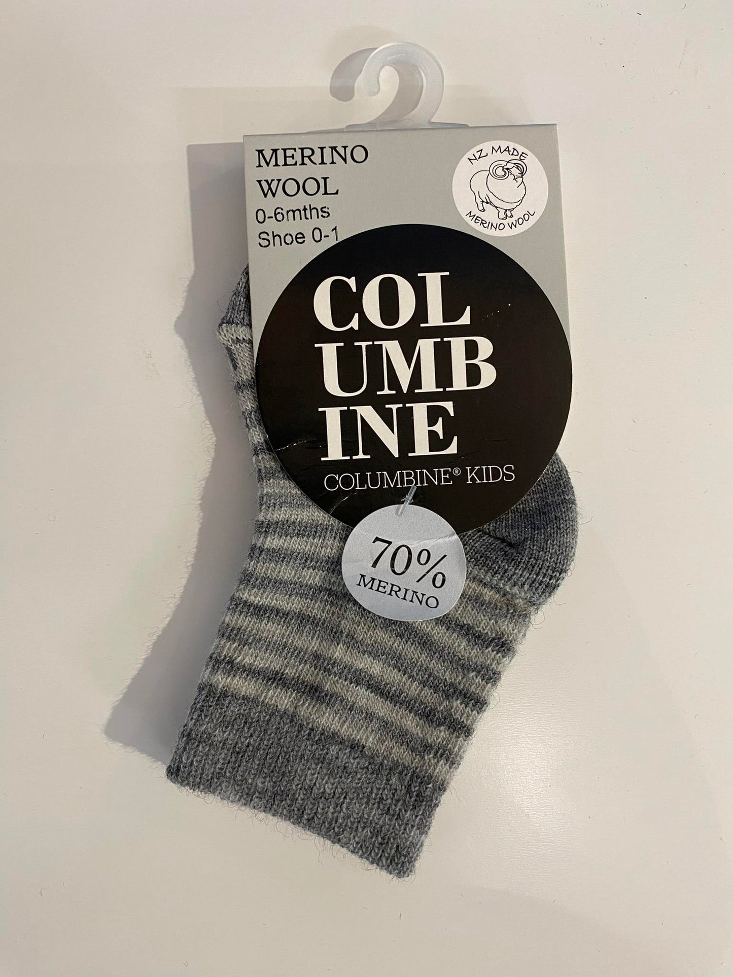 Light Grey/Mid Grey Stripe Merino Crew Sock - 0-6m