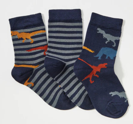 Bamboo Crew Socks 3Pk - Navy Dino