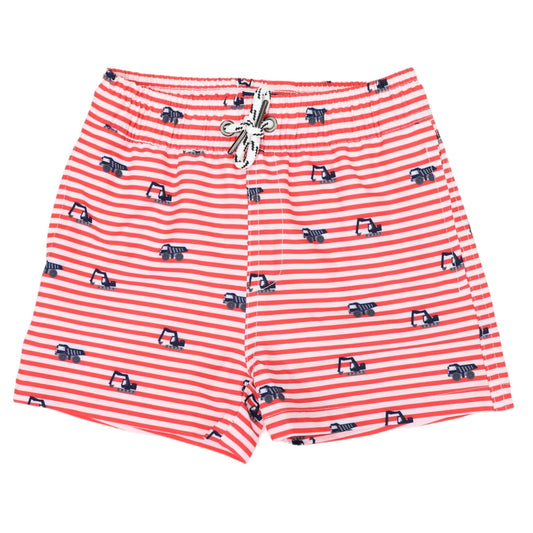 Truck Print Striped Boardies-Red/White