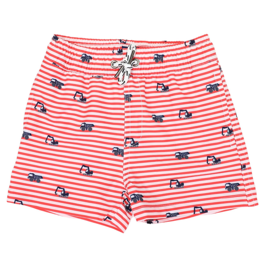 Truck Print Striped Boardies - Red/White