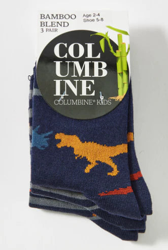 Bamboo Crew Socks 3Pk - Navy Dino