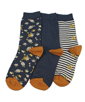 Cotton Crew Socks 3Pk - Navy Floral