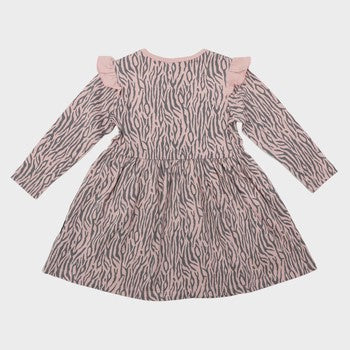 Tiger Stripe Cotton Frill Dress - Dusty Pink