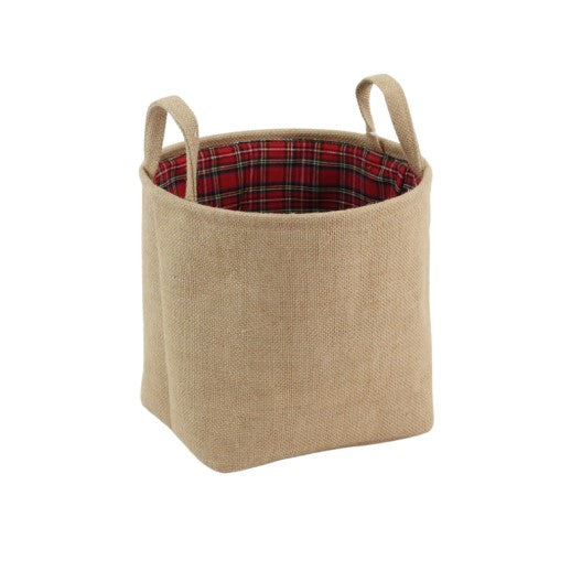 Small Round Jute Bag with Handles and Red Tartan Lining 27x27x25cmH.