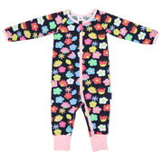 Flower Long Sleeve Zip Onesie - Navy