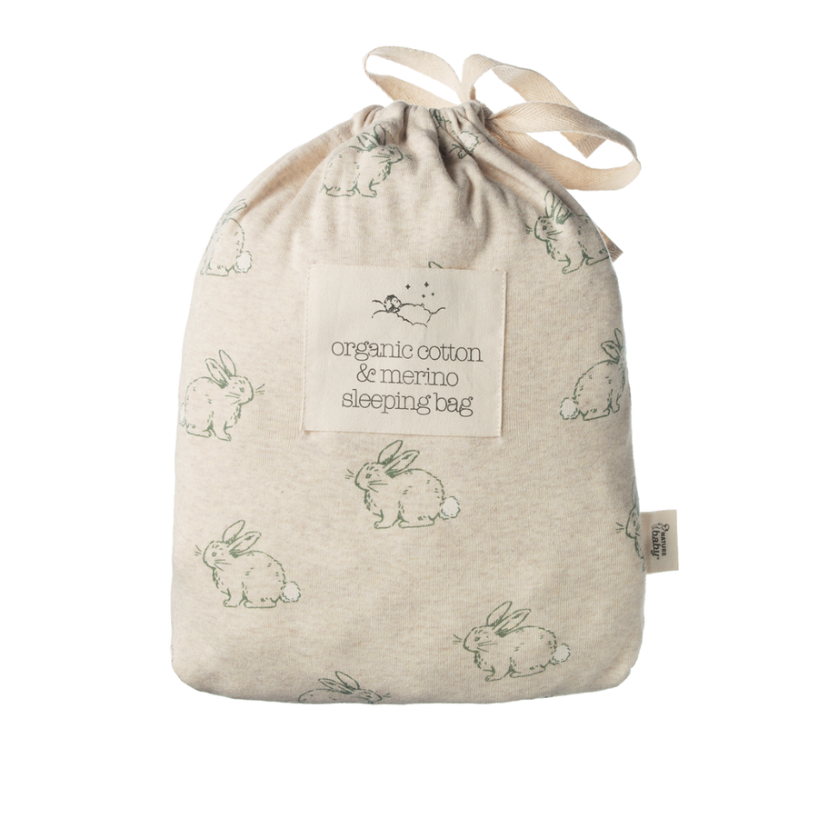 Organic Cotton & Merino Sleeping Bag - Cottage Bunny Oatmeal Marl Print